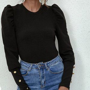 Black Puff Sleeve Buckle Blouse